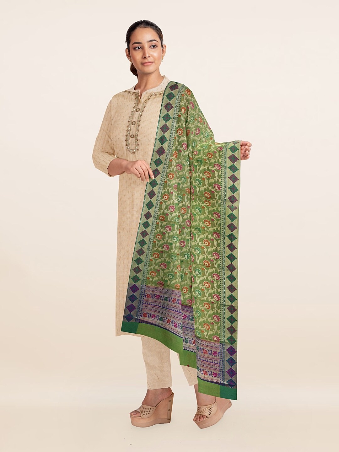 

Pothys Cream-Coloured & Purple Unstitched Dress Material