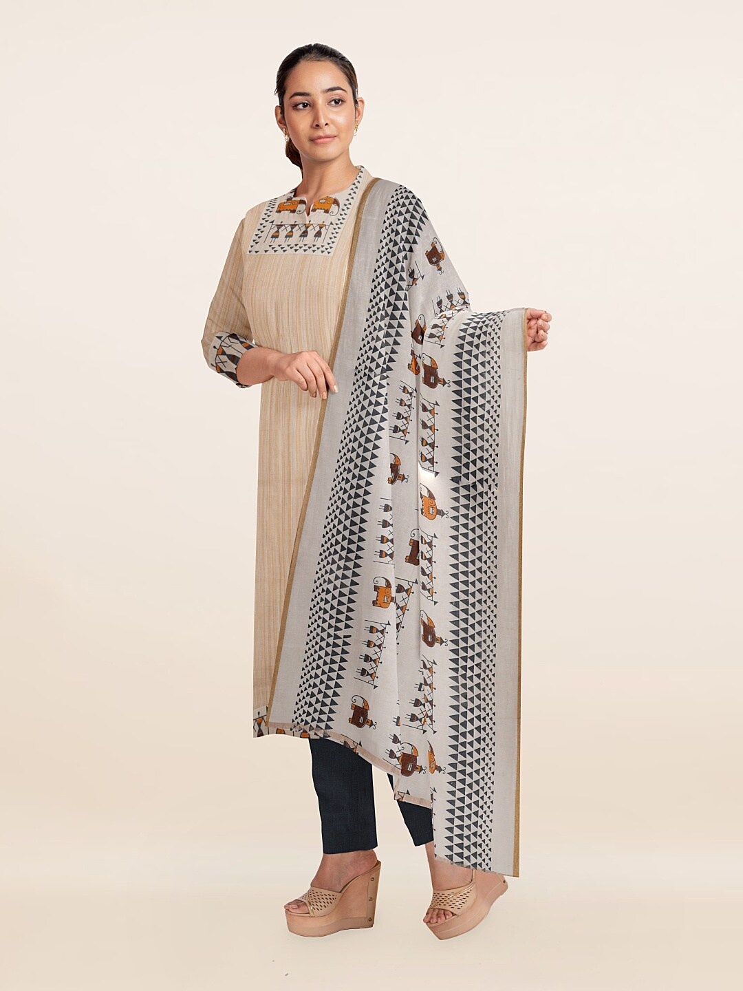 

Pothys Cream-Coloured & Black Unstitched Dress Material