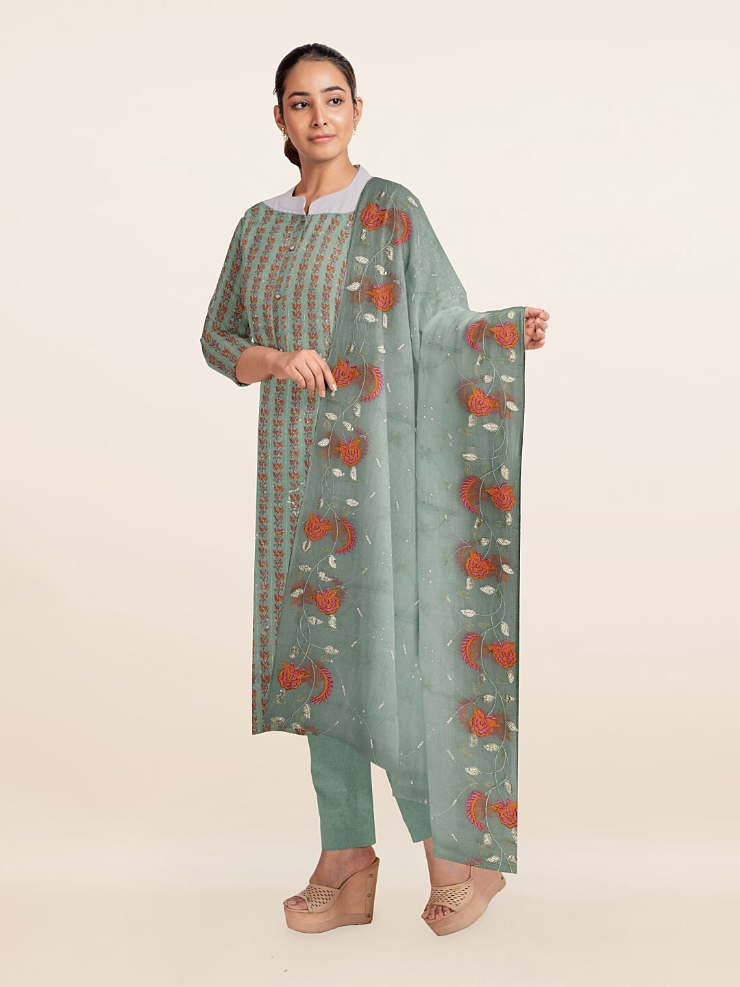 

Pothys Green & Red Floral Printed Unstitched Dress Material