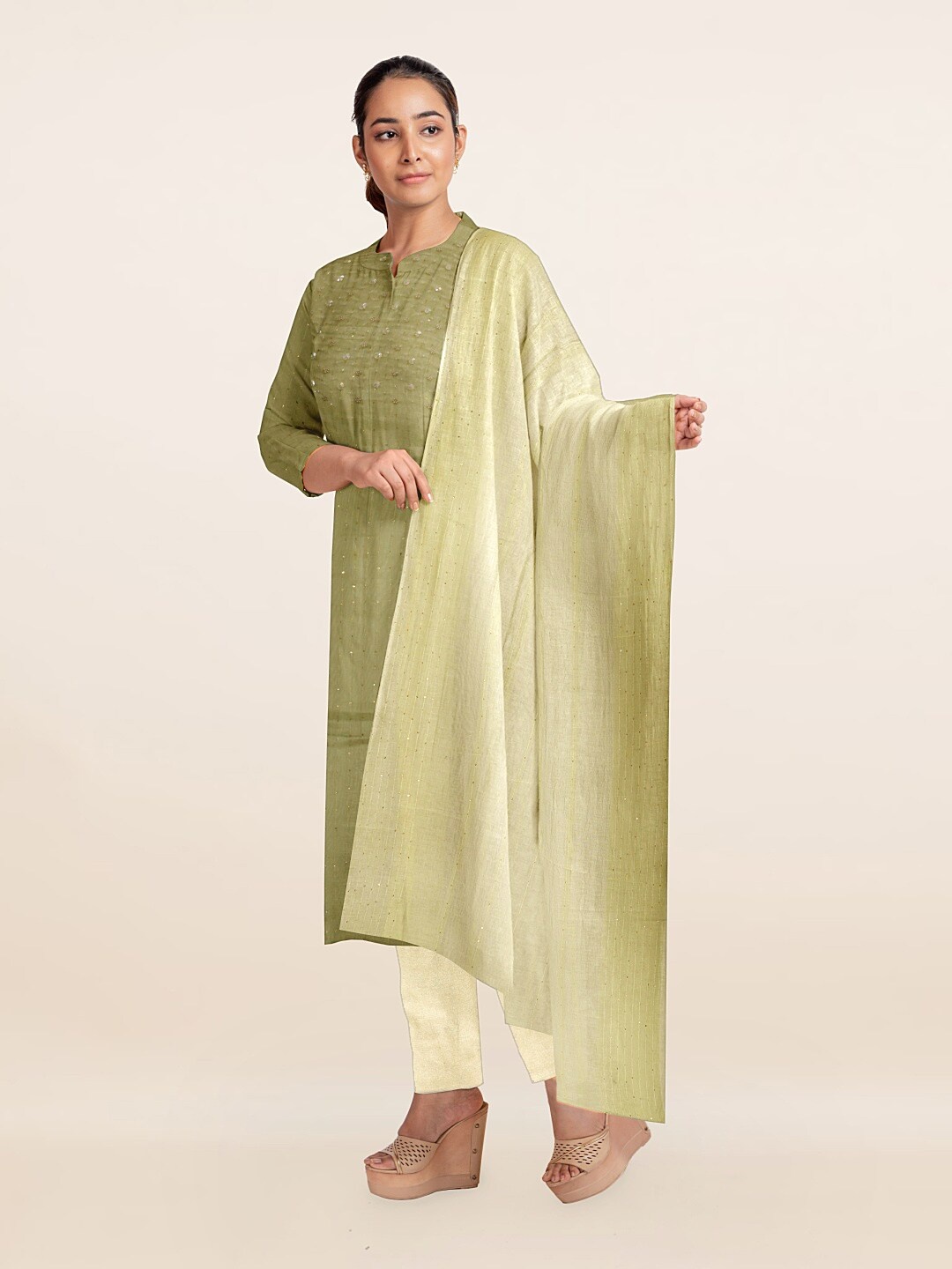 

Pothys Off White & Green Embroidered Unstitched Dress Material
