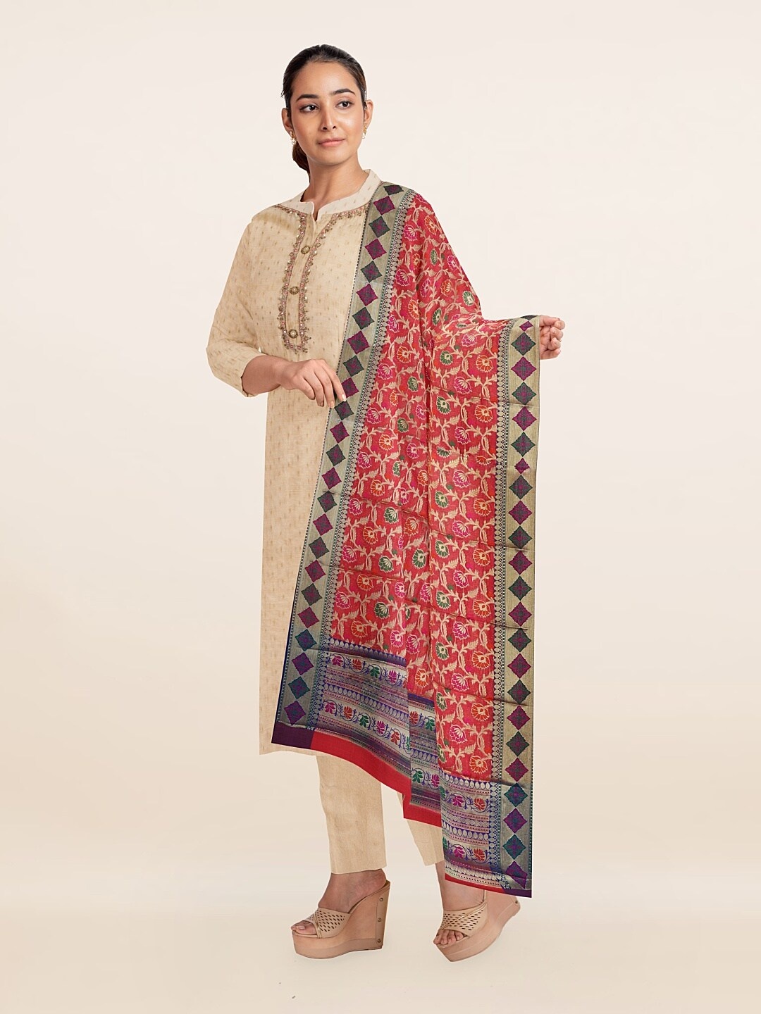 

Pothys Cream-Coloured & Brown Unstitched Dress Material