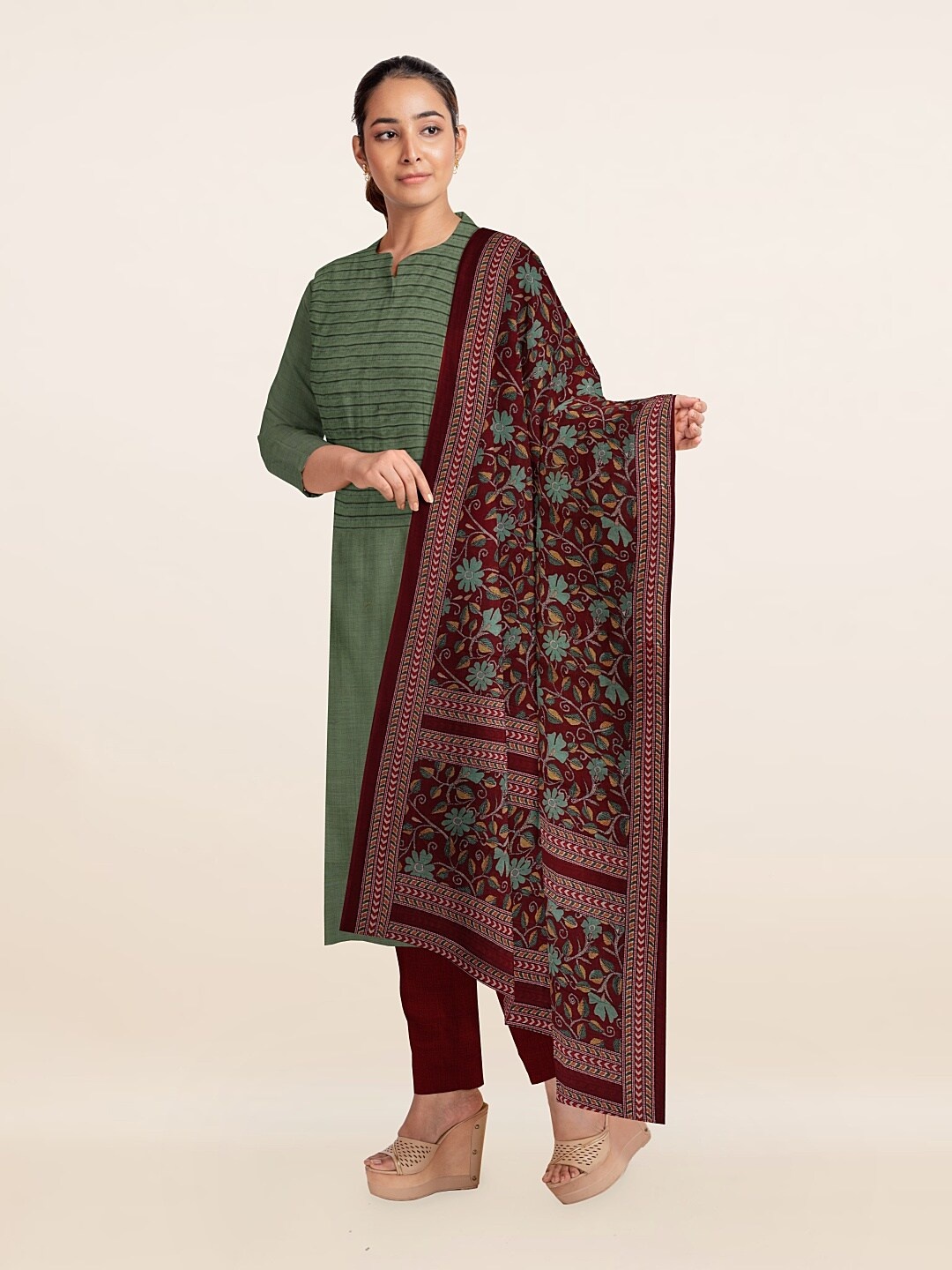 

Pothys Green & Coffee Brown Unstitched Dress Material