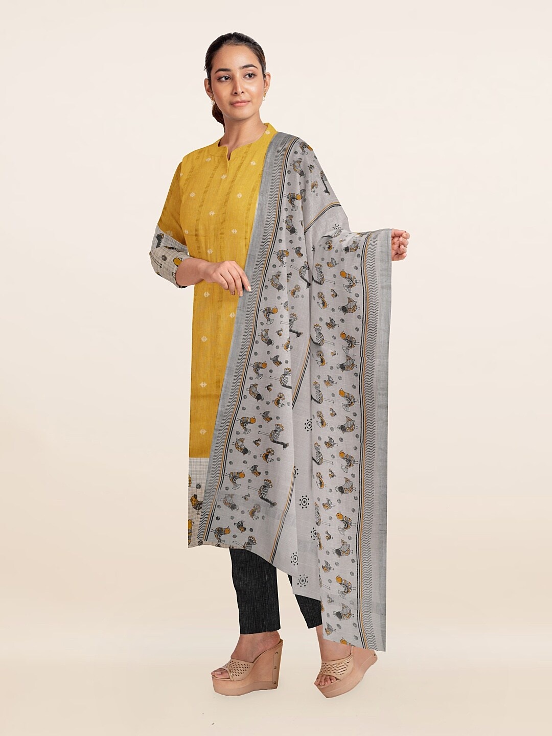 

Pothys Yellow & Off White Printed Unstitched Dress Material