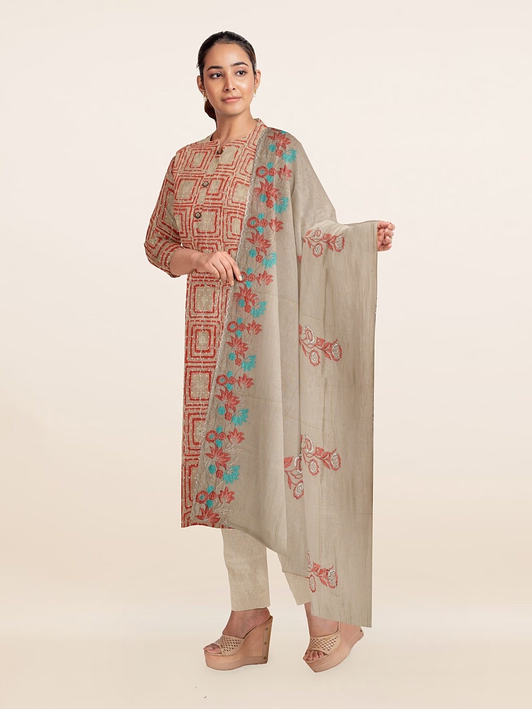 

Pothys Peach-Coloured & Blue Floral Printed Unstitched Dress Material