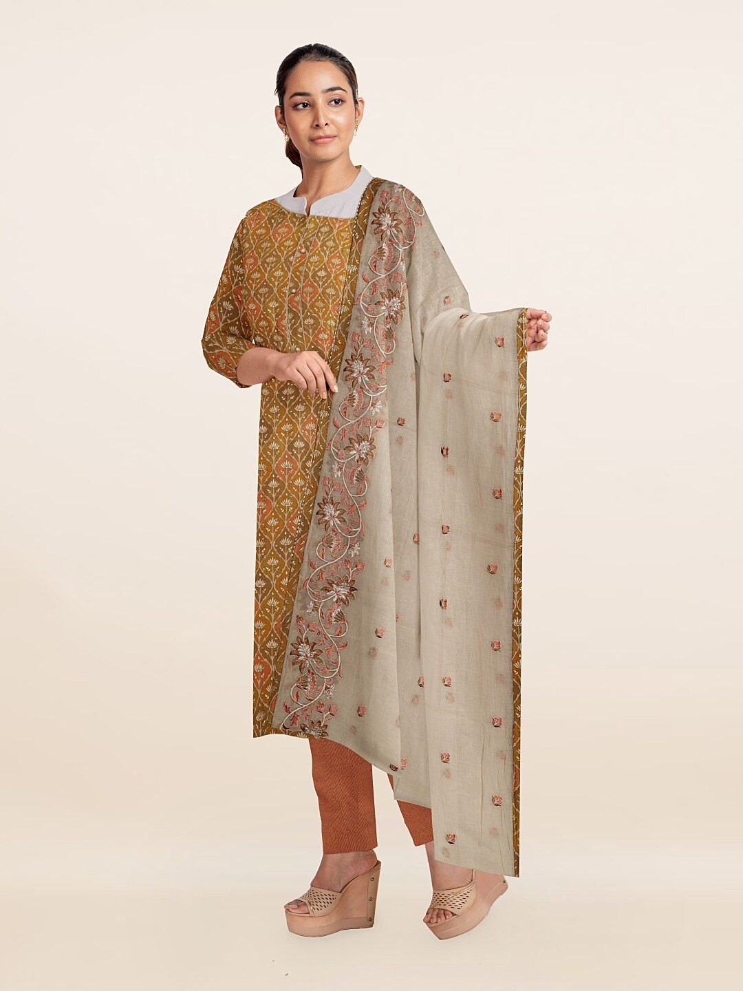 

Pothys Mustard & Grey Floral Printed Unstitched Dress Material