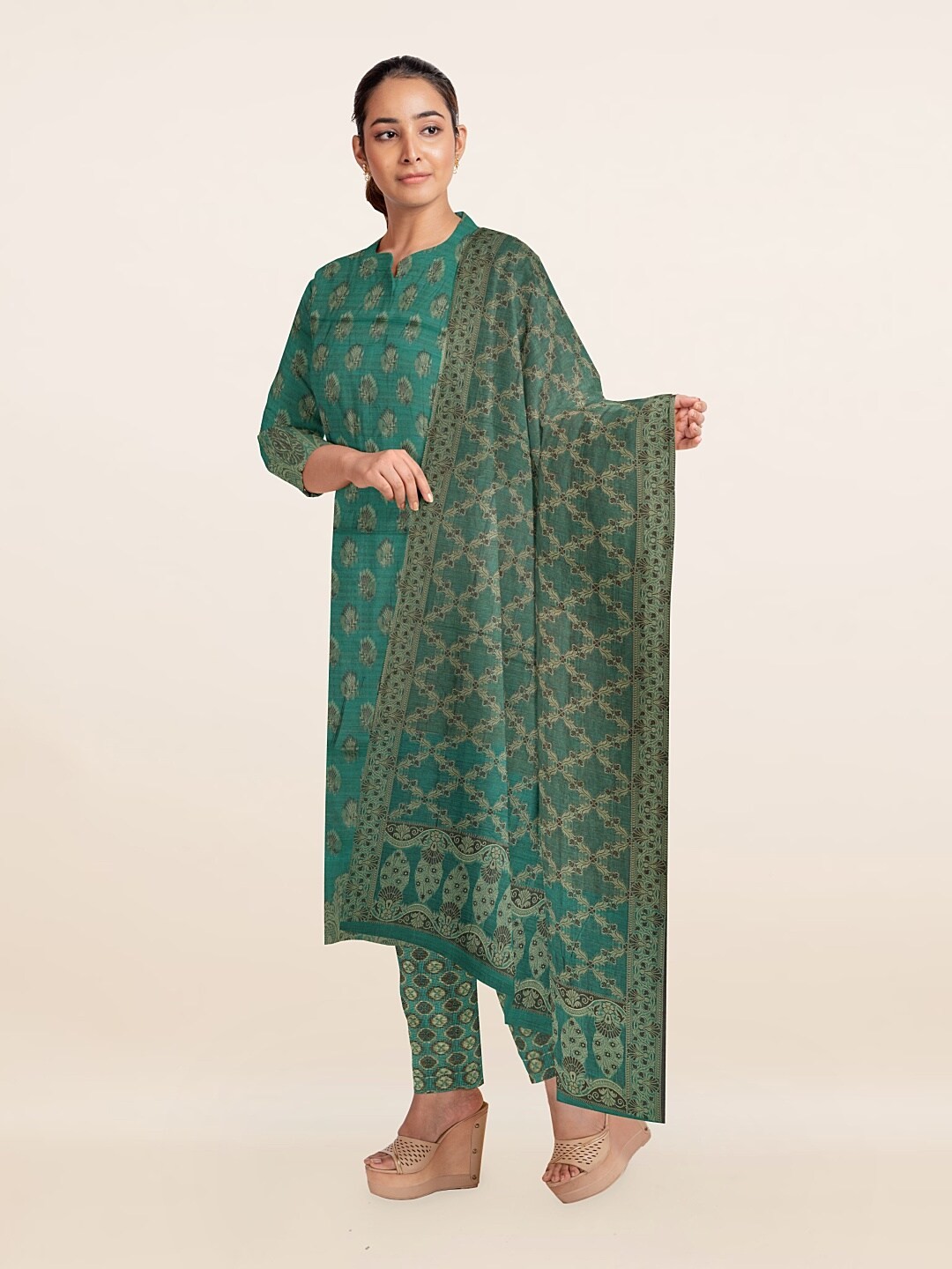 

Pothys Green & Brown Floral Printed Art Silk Unstitched Dress Material