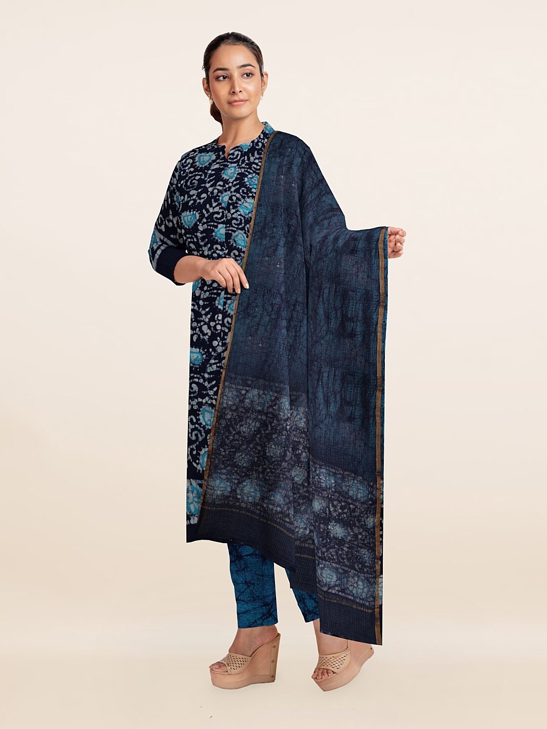 

Pothys Navy Blue & Grey Printed Unstitched Dress Material