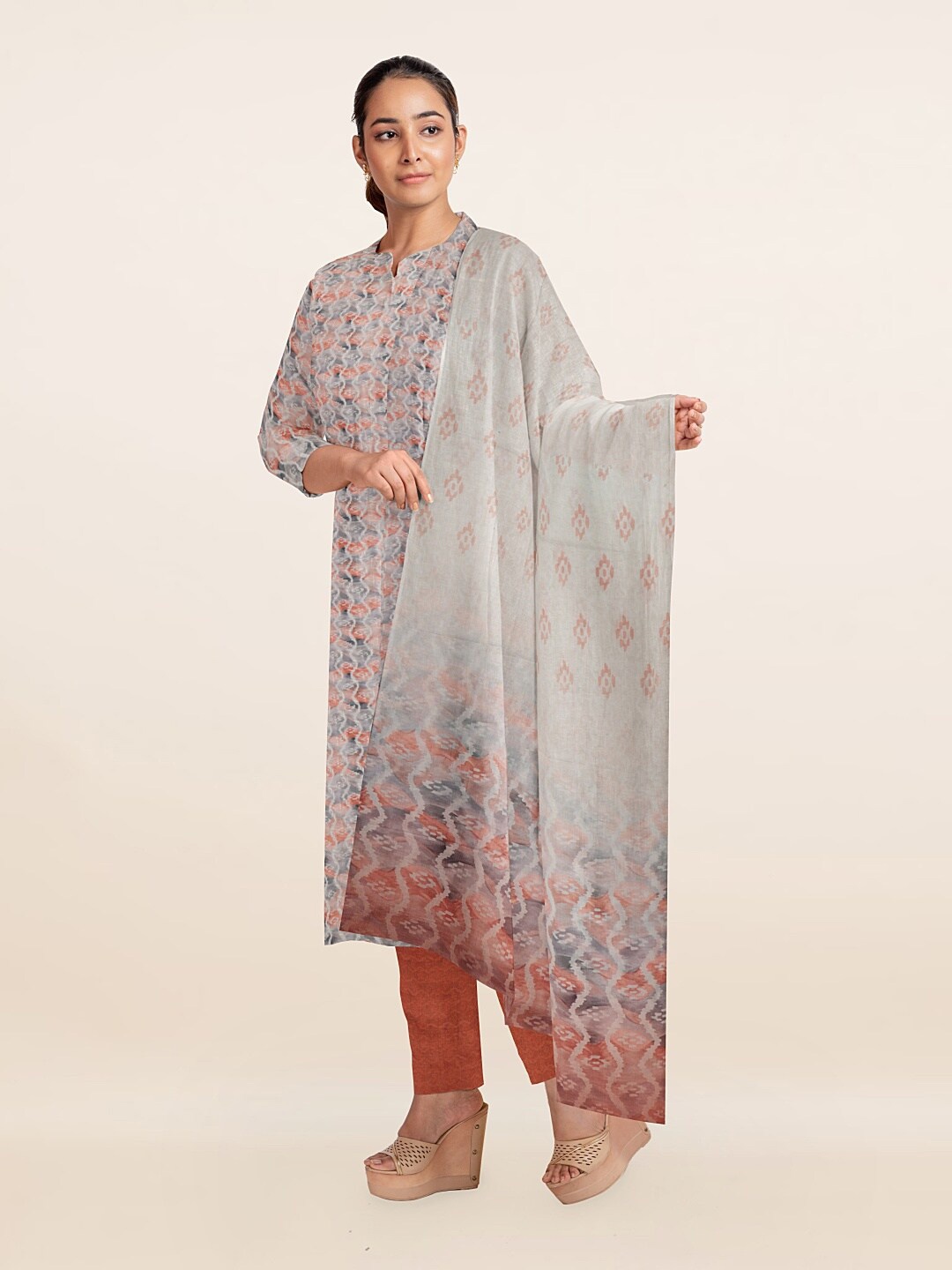 

Pothys Grey & Orange Printed Unstitched Dress Material