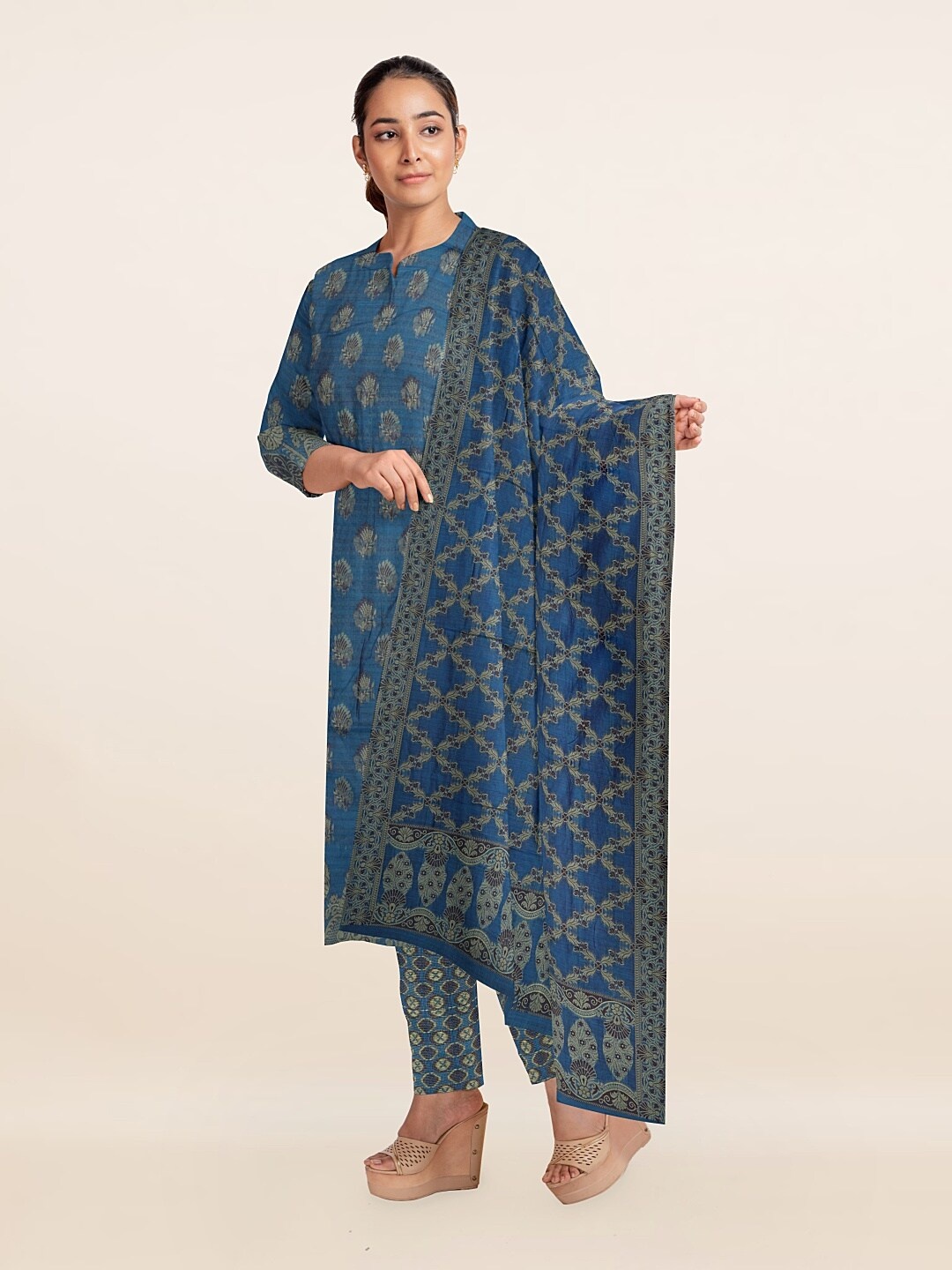 

Pothys Blue & Grey Printed Art Silk Unstitched Dress Material