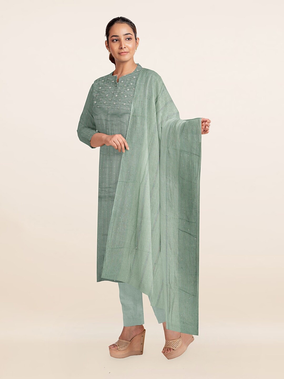 

Pothys Green & Silver-Toned Embellished Unstitched Dress Material