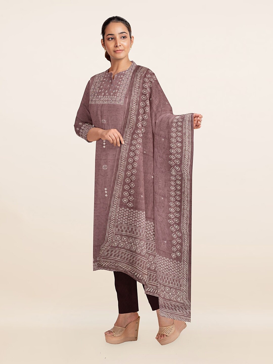 

Pothys Brown & Off White Printed Unstitched Dress Material