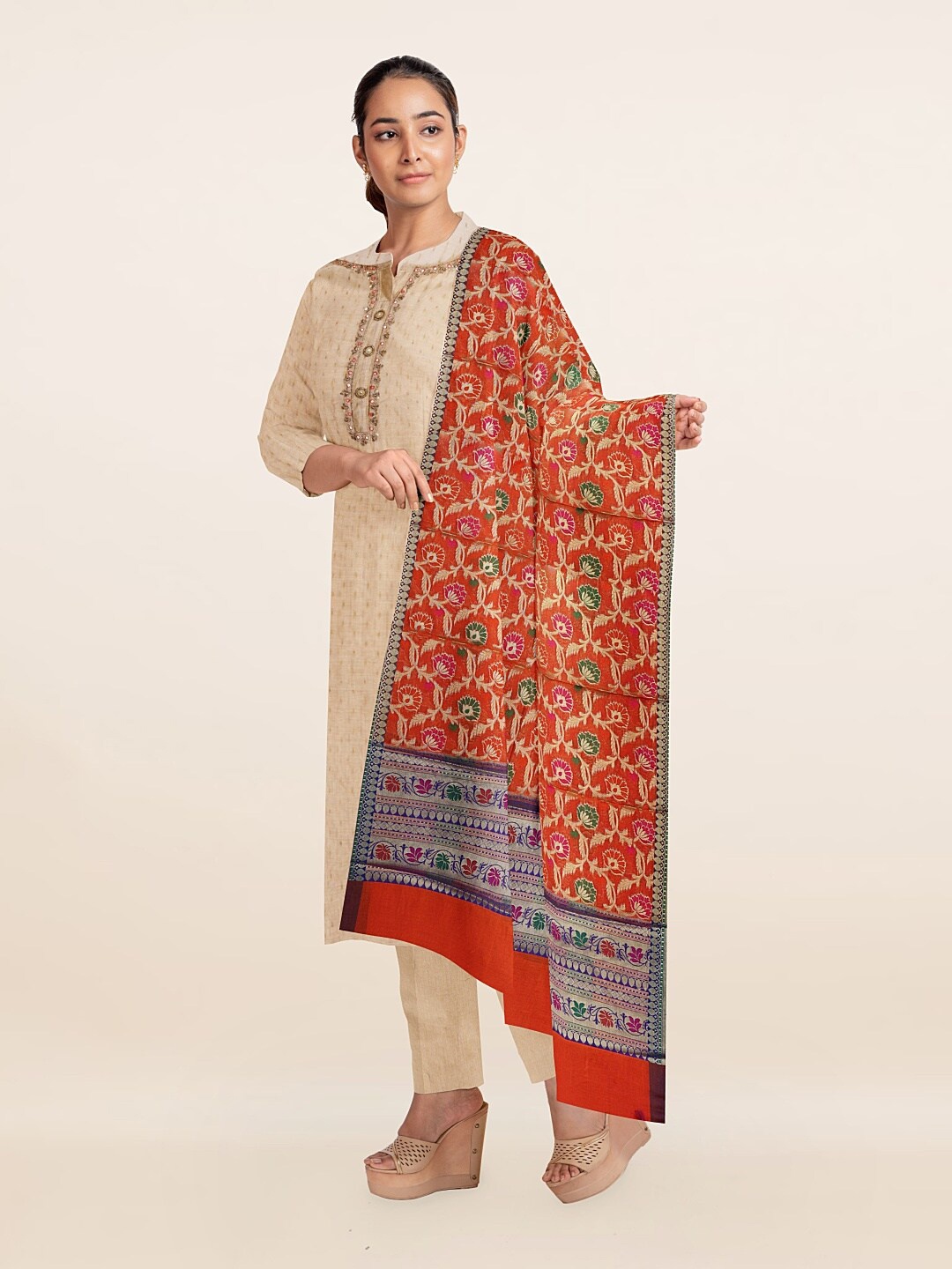 

Pothys Cream-Coloured & Orange Unstitched Dress Material