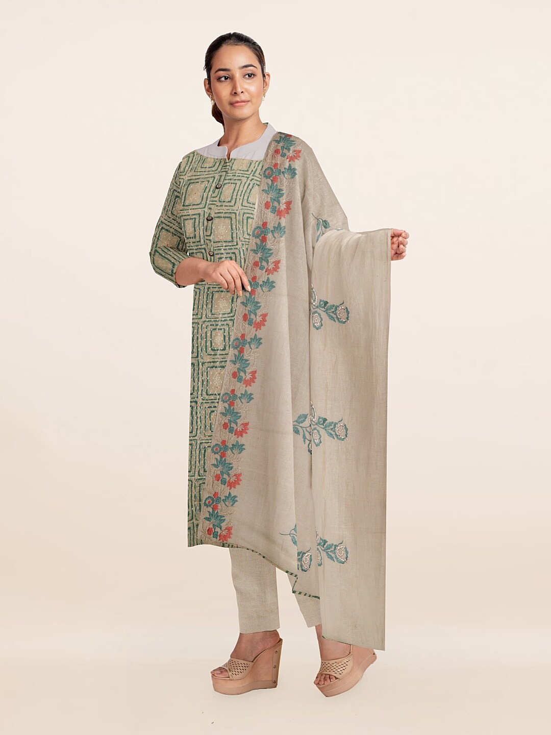 

Pothys Green & Brown Printed Unstitched Dress Material