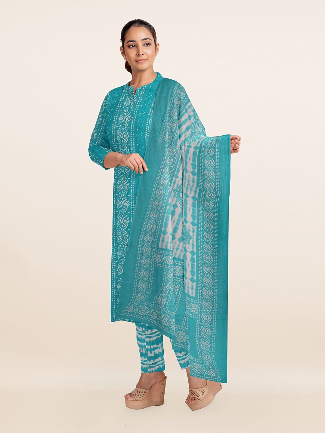 

Pothys Blue & White Printed Unstitched Dress Material
