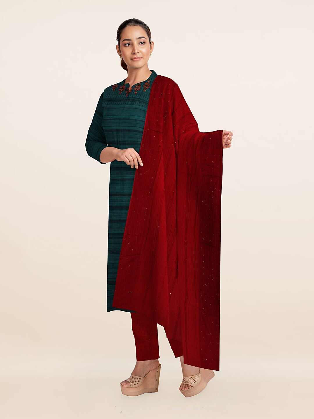 

Pothys Green & Red Unstitched Dress Material