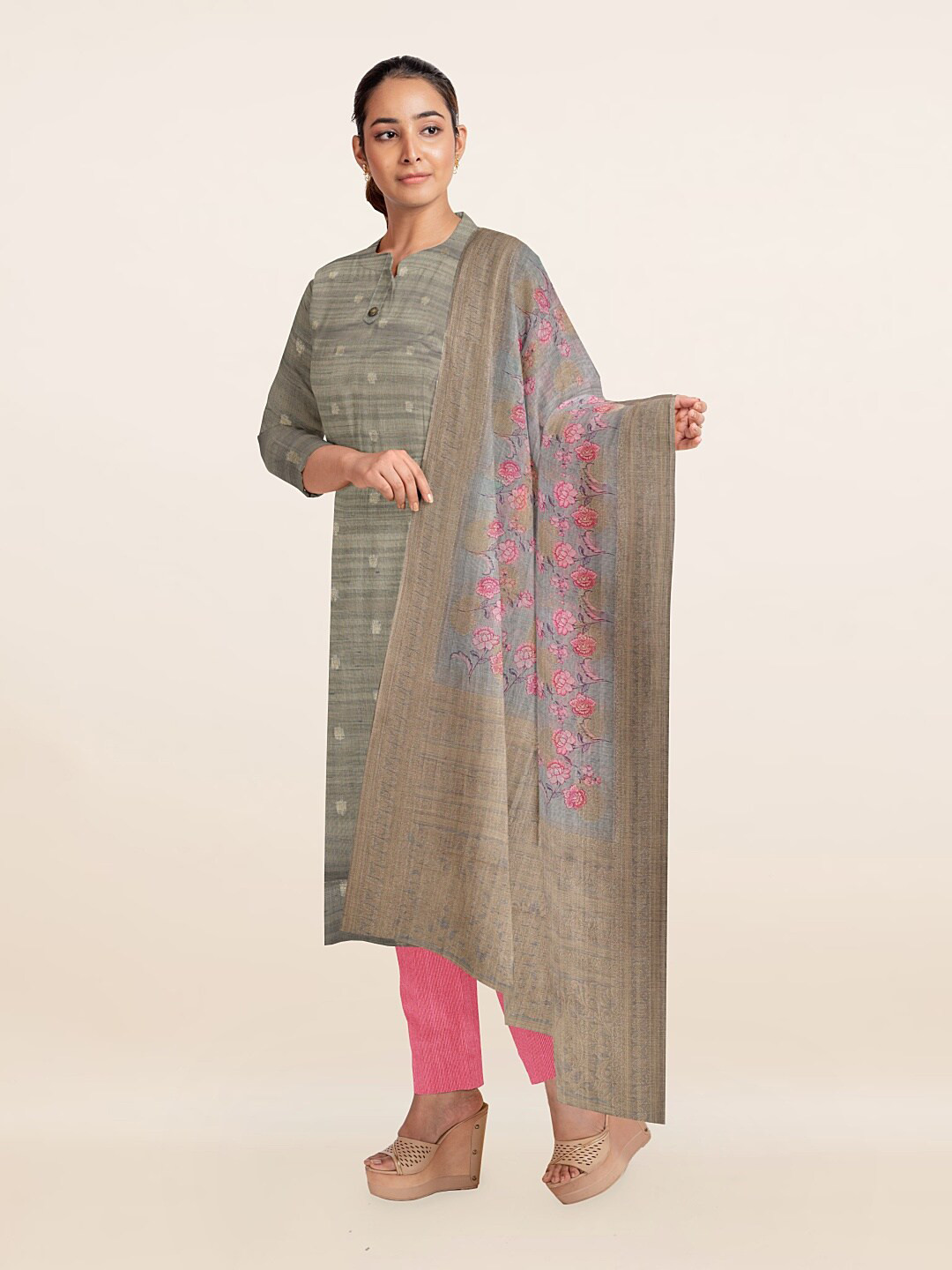 

Pothys Grey & Pink Unstitched Dress Material