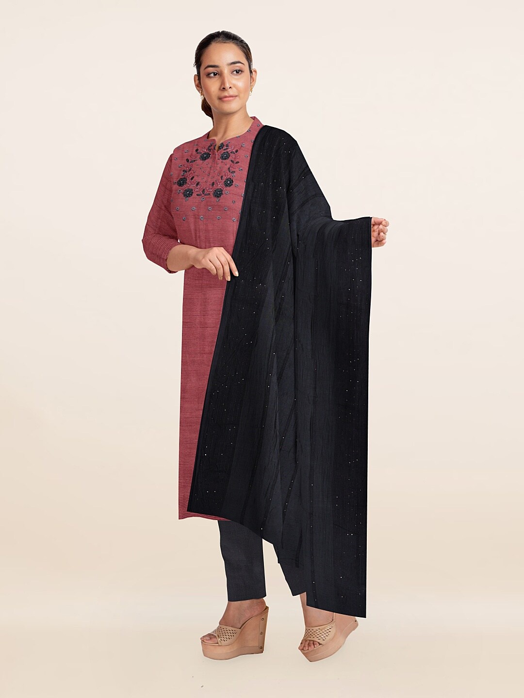 

Pothys Pink & Grey Printed Unstitched Dress Material