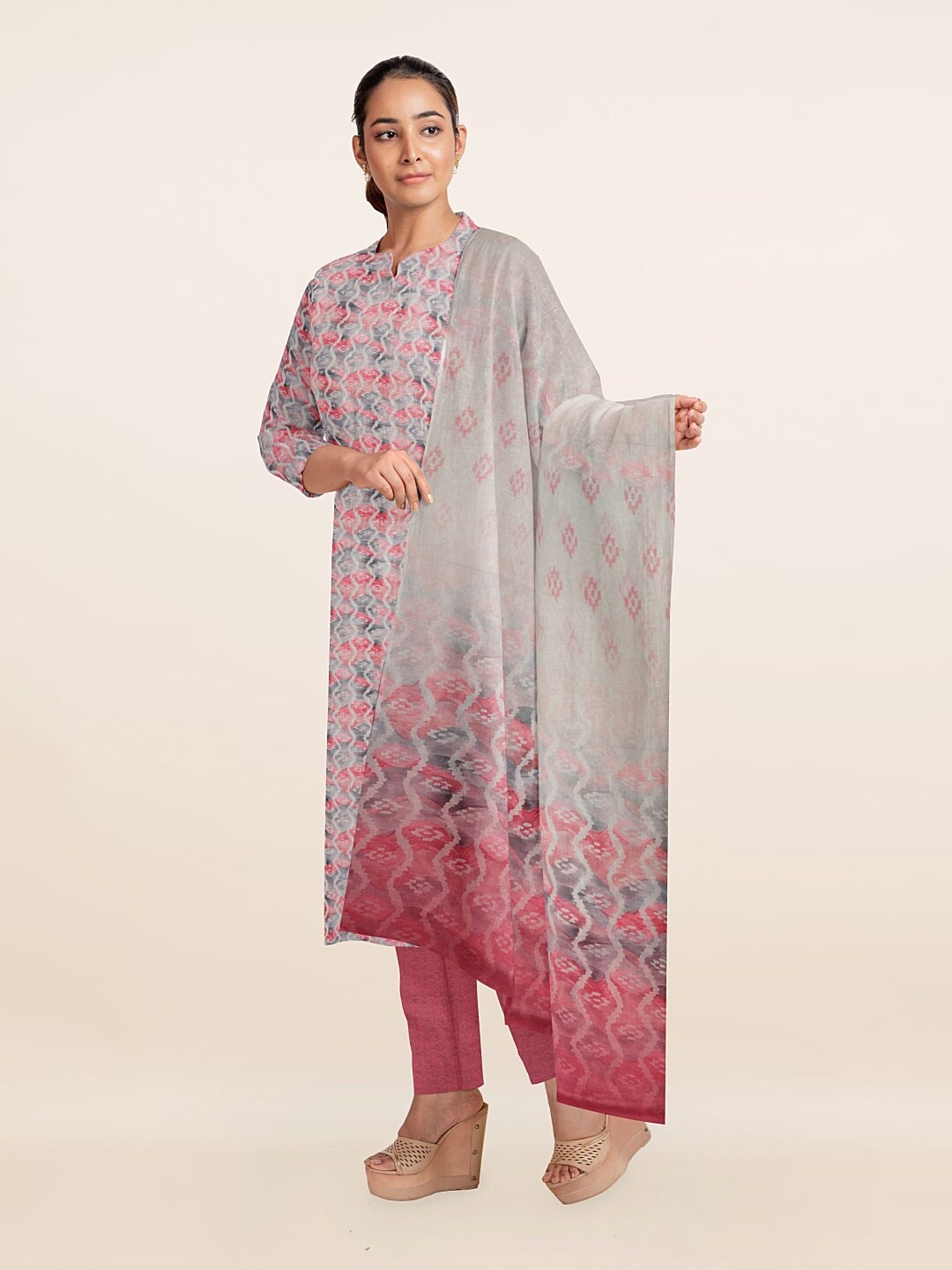 

Pothys Pink & Grey Printed Unstitched Dress Material
