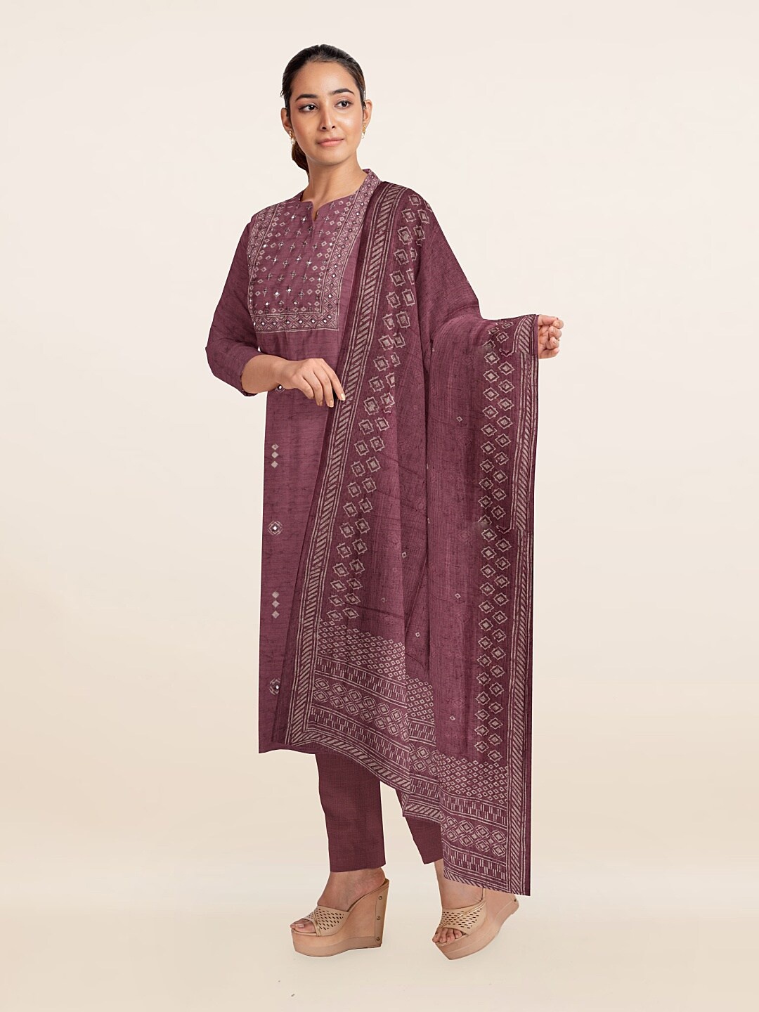 

Pothys Purple & Off White Printed Unstitched Dress Material
