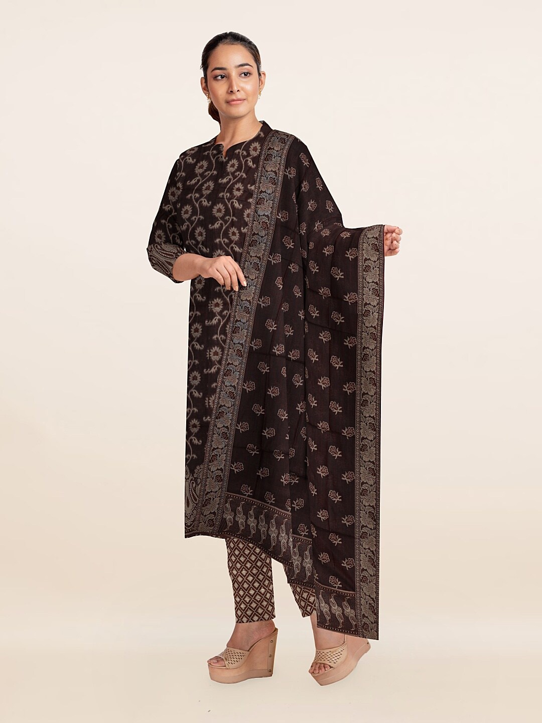 

Pothys Brown & Silver-Toned Floral Printed Art Silk Unstitched Dress Material