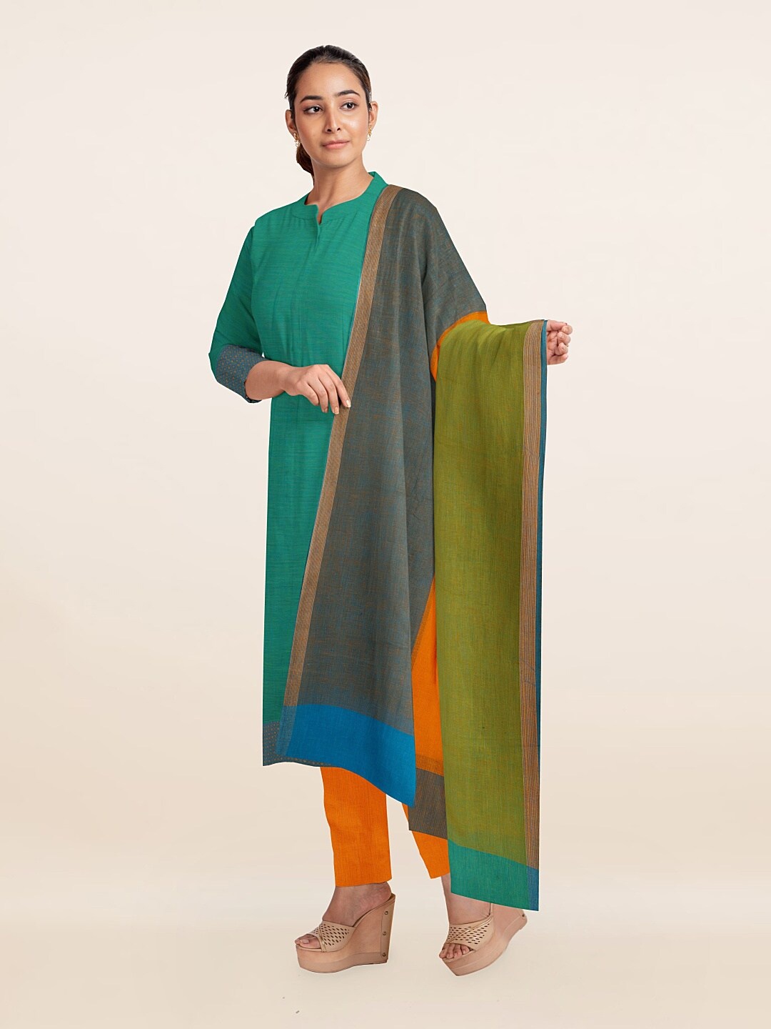 

Pothys Blue & Green Unstitched Dress Material