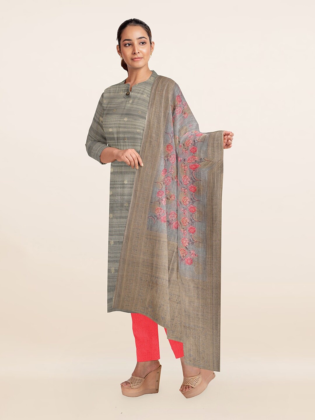 

Pothys Grey & Pink Printed Unstitched Dress Material