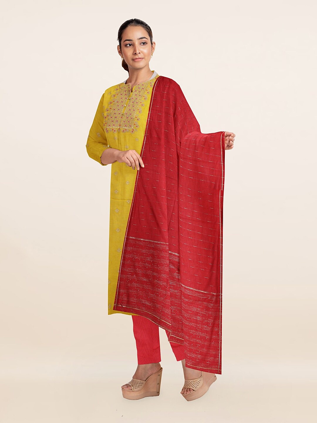 

Pothys Yellow & Red Embroidered Unstitched Dress Material