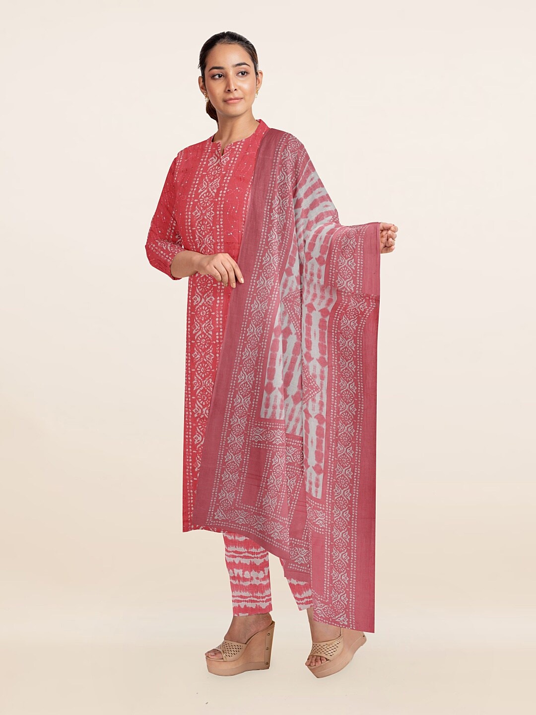 

Pothys Pink & White Printed Unstitched Dress Material