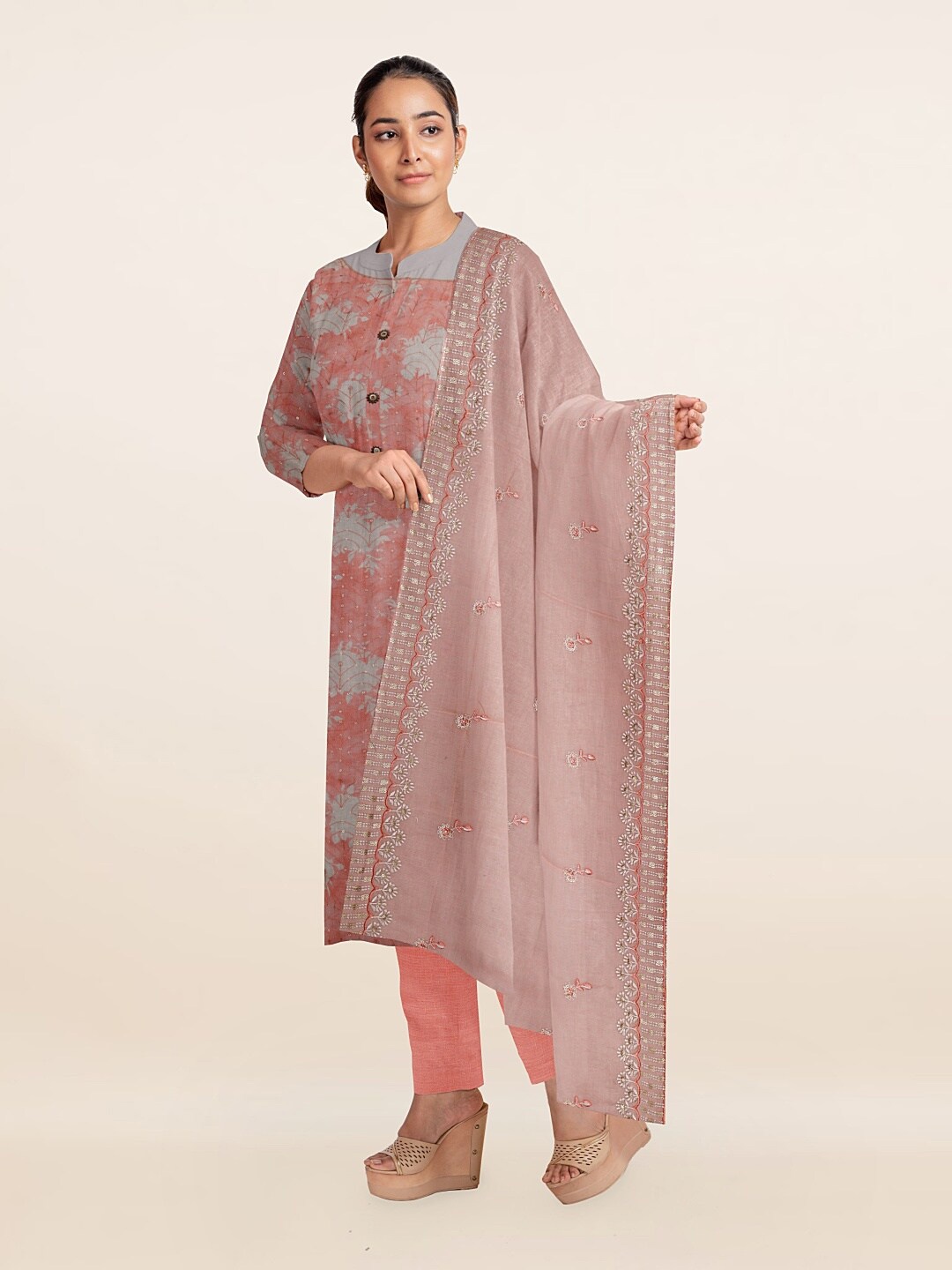 

Pothys Peach-Coloured & Grey Floral Printed Unstitched Dress Material