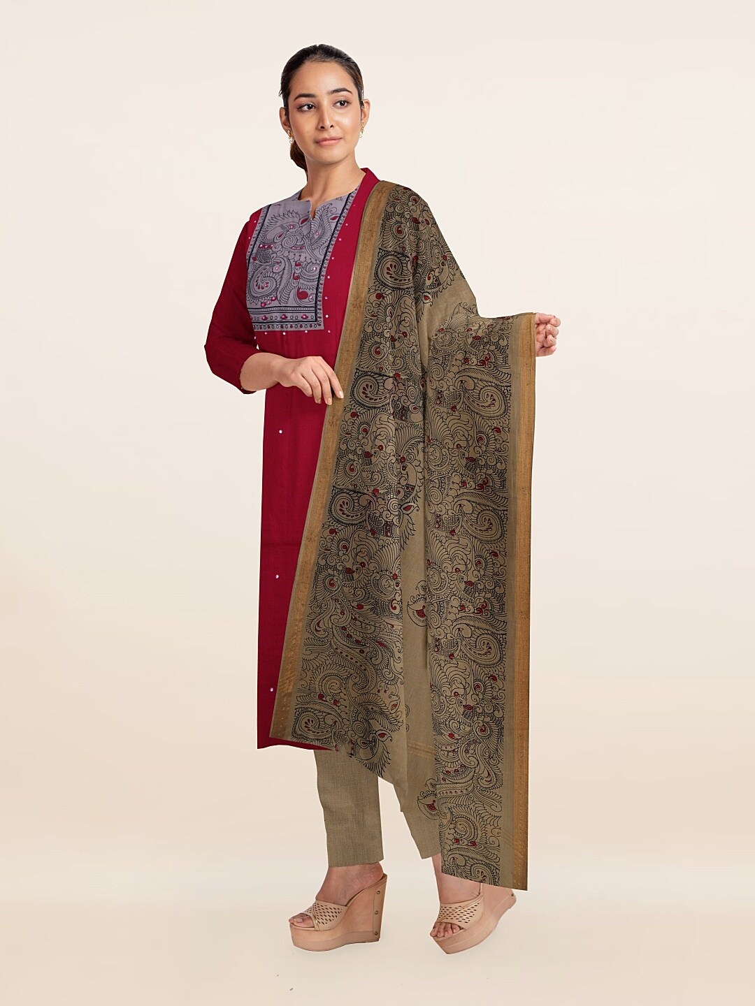 

Pothys Pink & Red Unstitched Dress Material