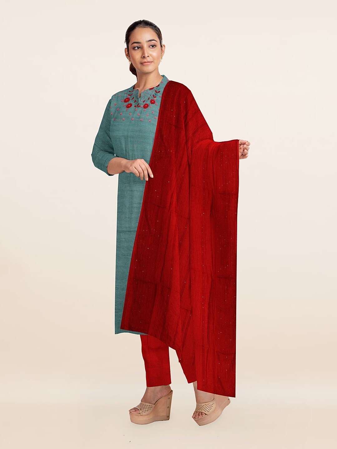 

Pothys Green & Red Unstitched Dress Material