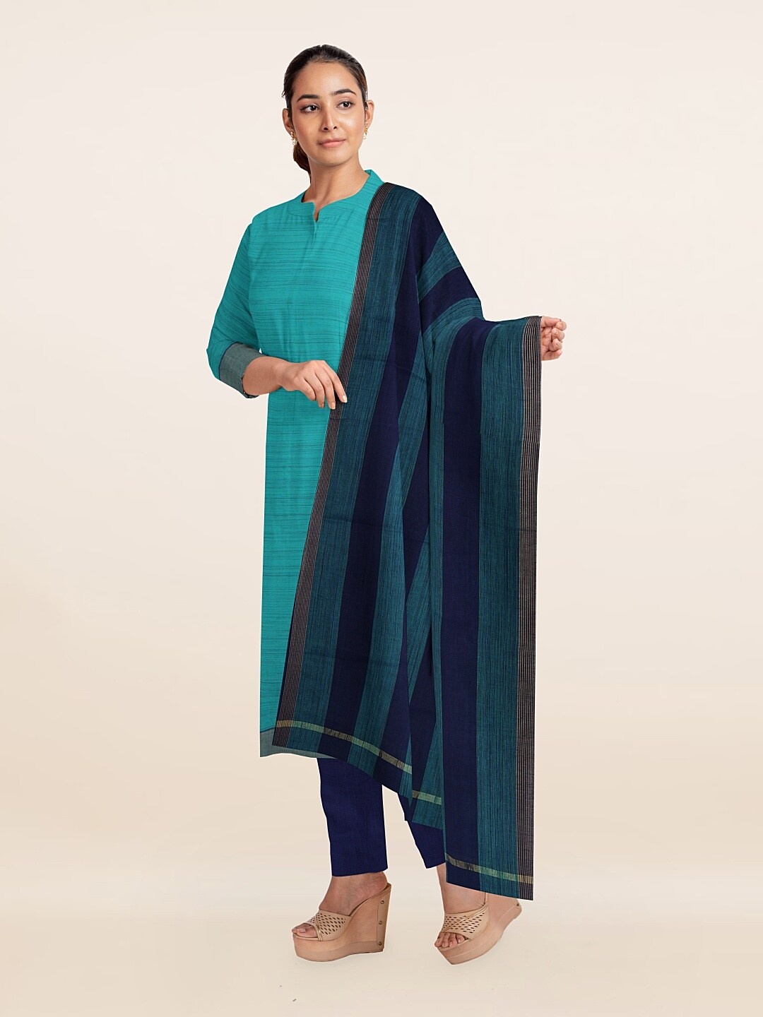 

Pothys Blue & Gold-Toned Unstitched Dress Material