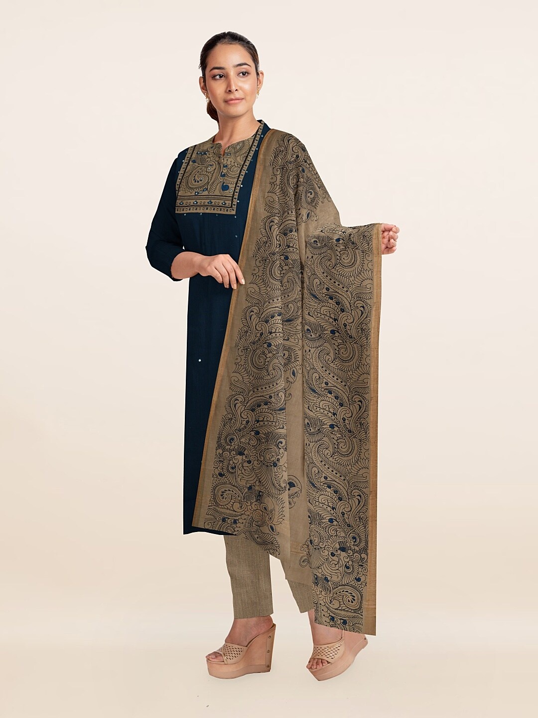 

Pothys Blue & Beige Printed Unstitched Dress Material