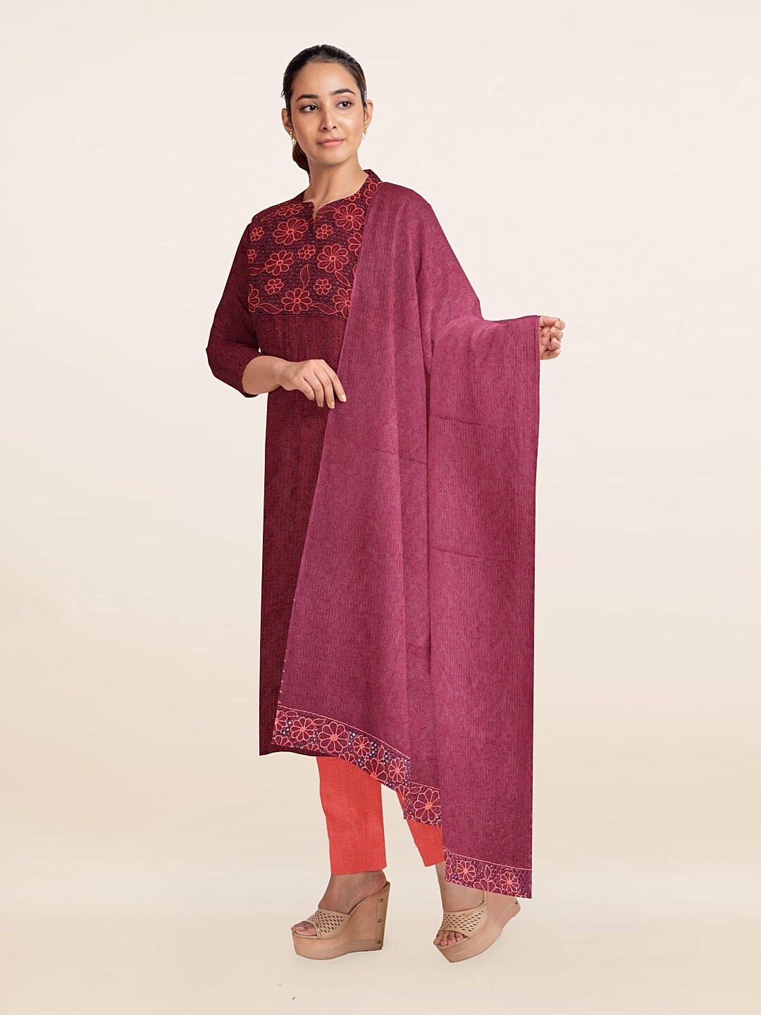 

Pothys Maroon & Pink Printed Unstitched Dress Material