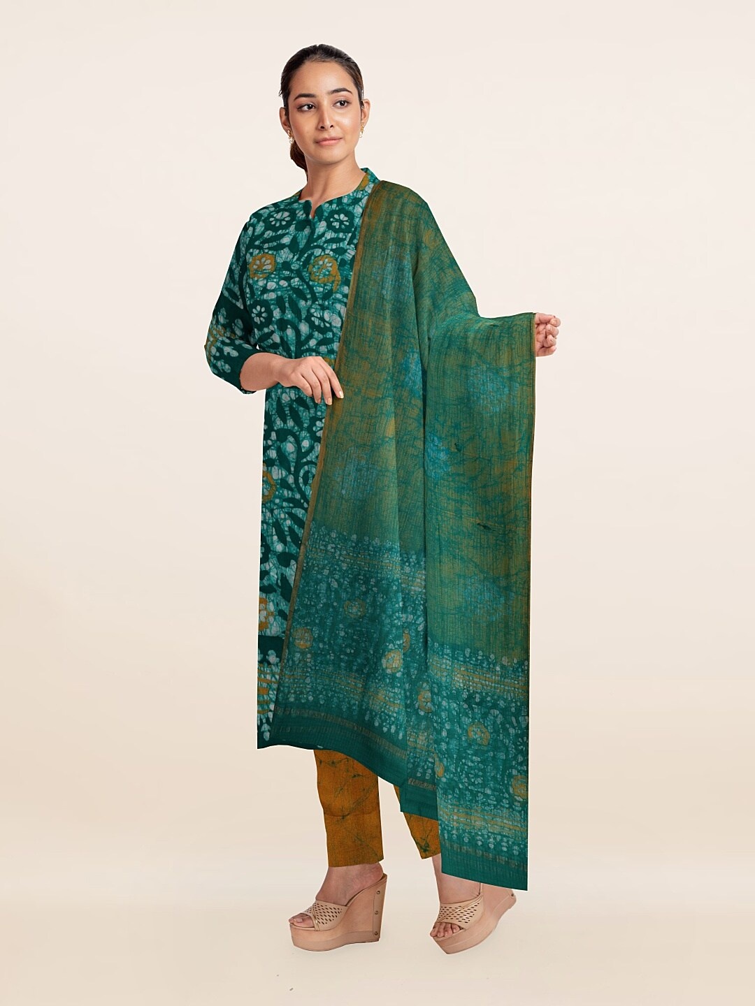 

Pothys Green & Mustard Dyed Unstitched Dress Material