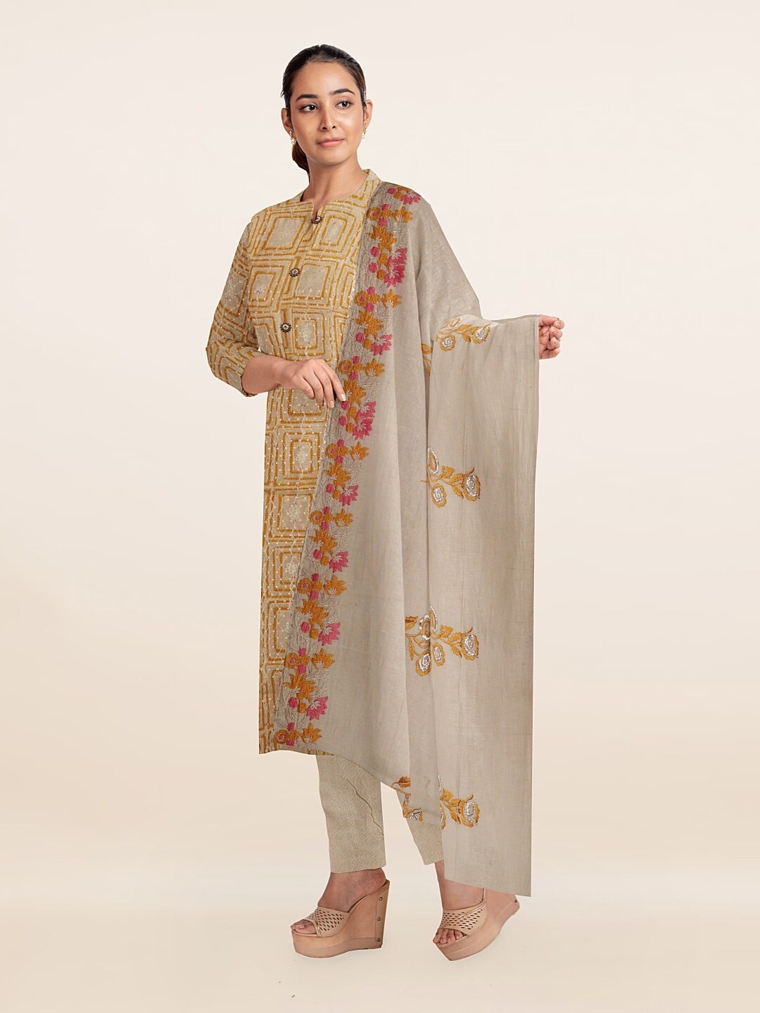 

Pothys Mustard & Grey Printed Unstitched Dress Material