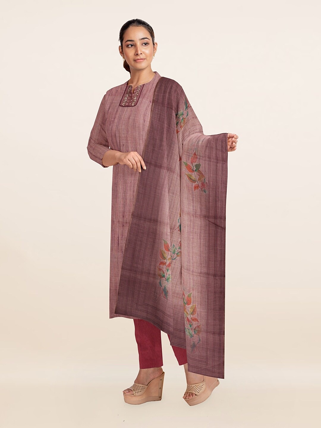 

Pothys Mauve & Green Printed Unstitched Dress Material