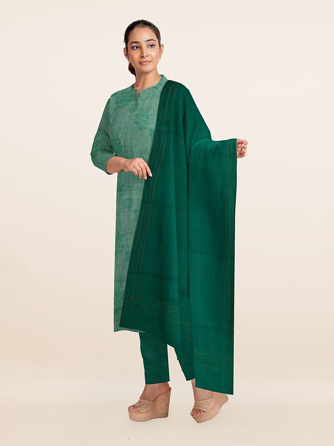 

Pothys Green & Silver-Toned Printed Unstitched Dress Material
