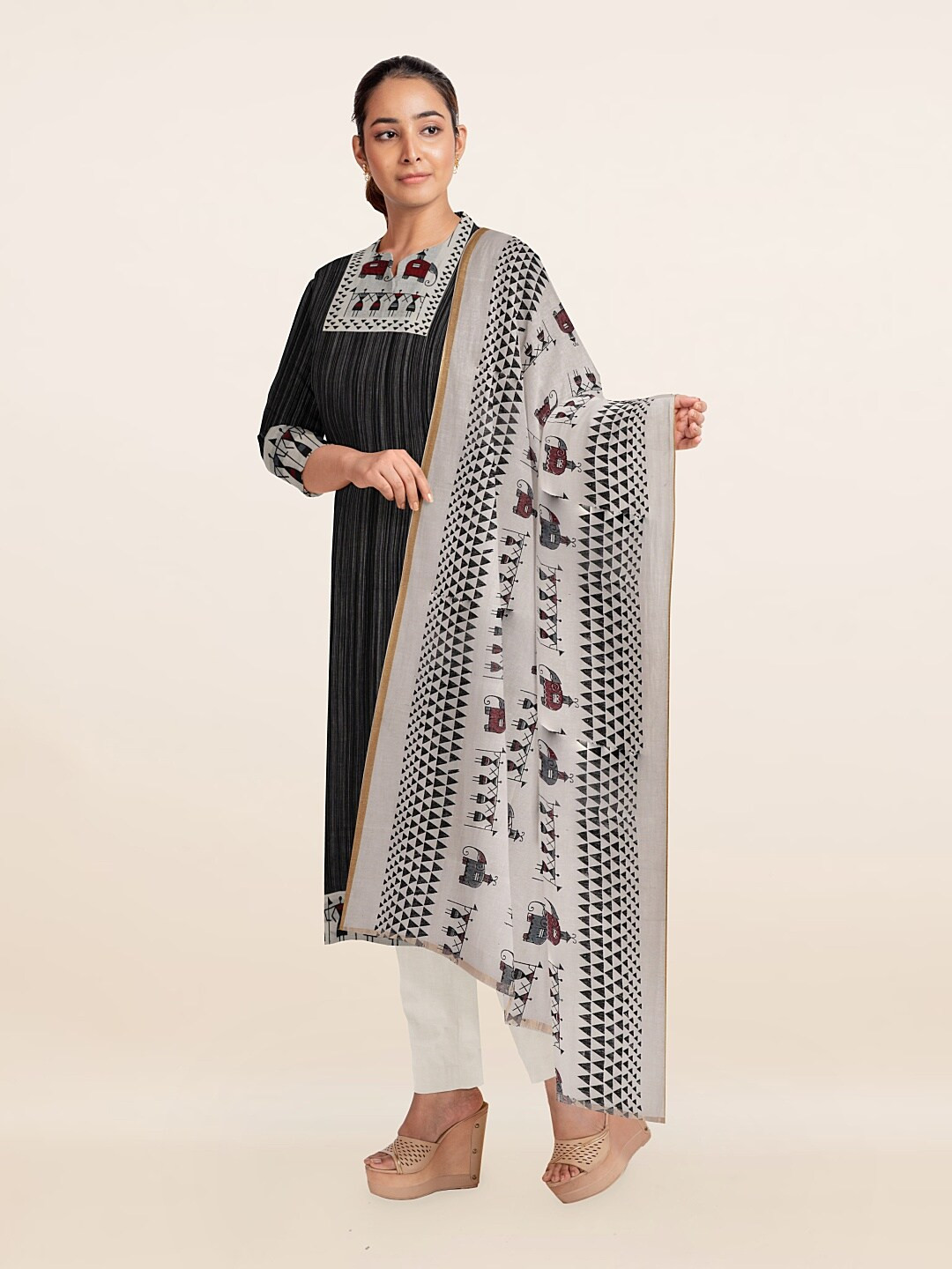 

Pothys Grey & Black Printed Unstitched Dress Material