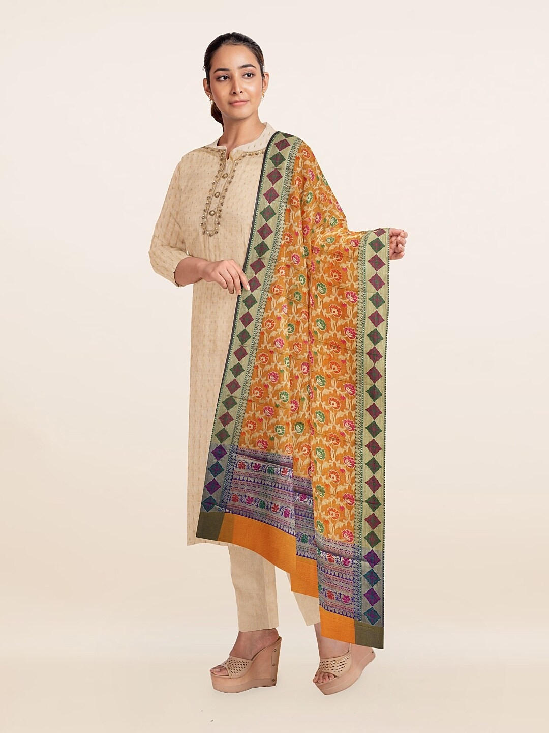 

Pothys Cream-Coloured & Brown Unstitched Dress Material