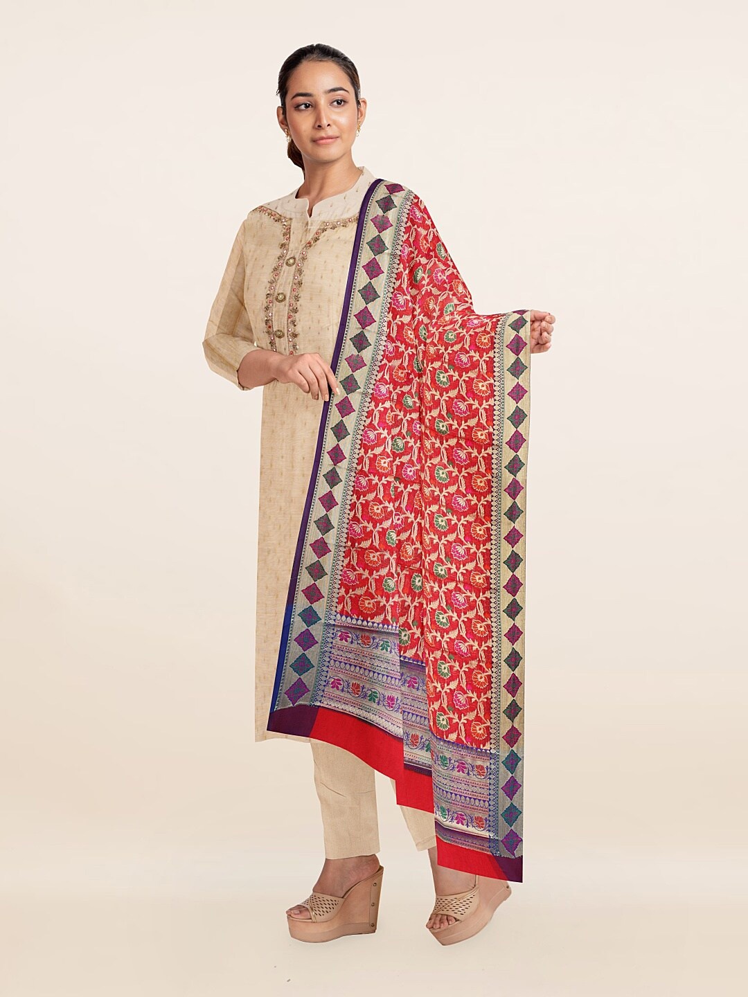 

Pothys Cream-Coloured & Red Embroidered Unstitched Dress Material
