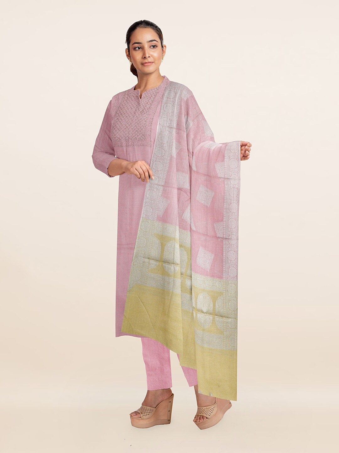 

Pothys Pink & Green Printed Unstitched Dress Material