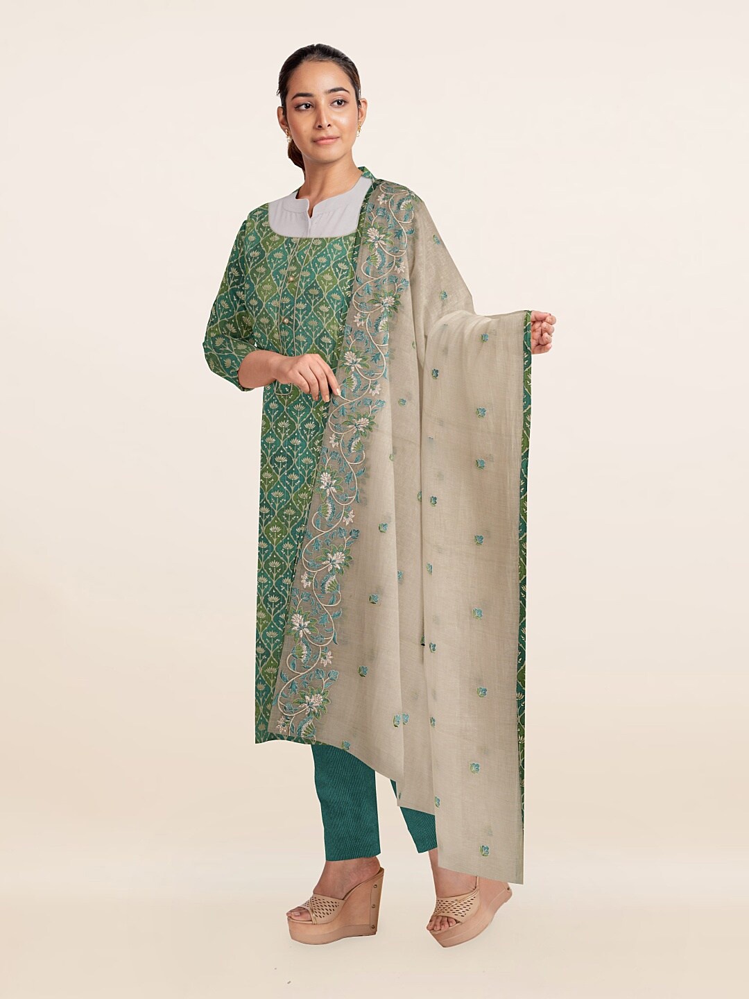 

Pothys Green & Beige Floral Printed Viscose Rayon Unstitched Dress Material