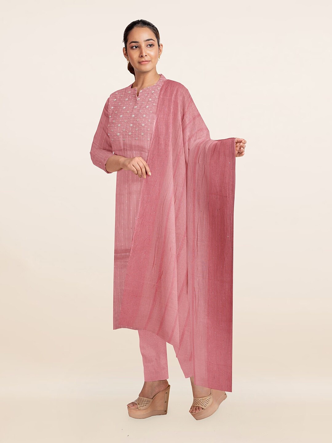 

Pothys Pink & Silver-Toned Embellished Unstitched Dress Material
