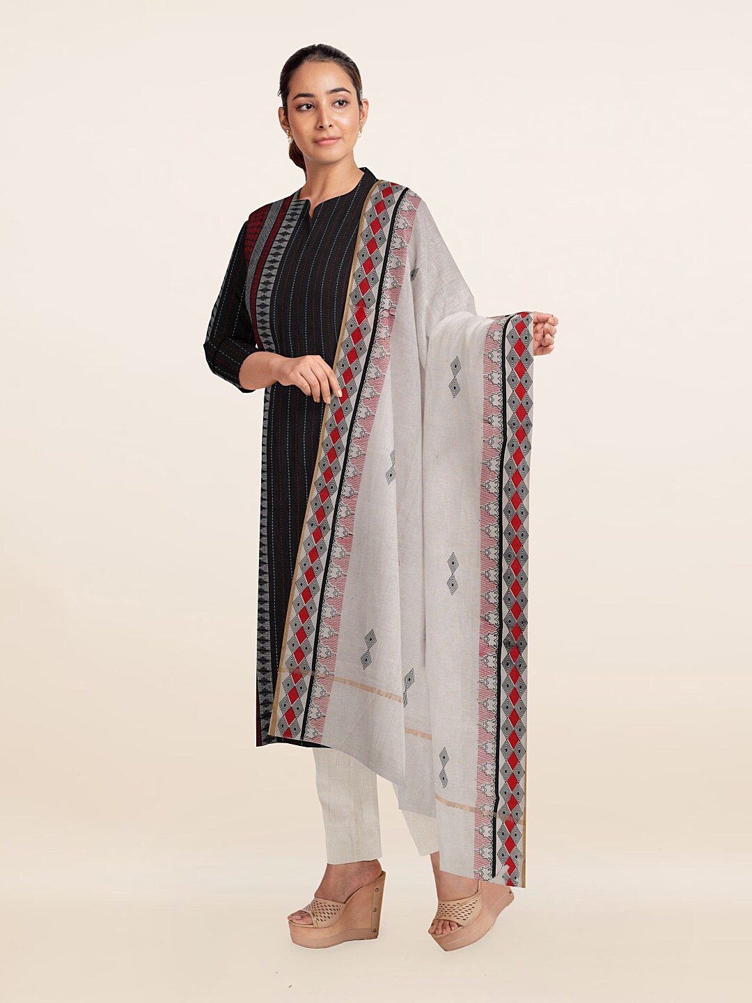 

Pothys Grey & Off White Printed Unstitched Dress Material