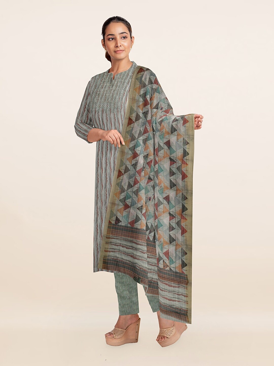 

Pothys Grey & Orange Printed Unstitched Dress Material