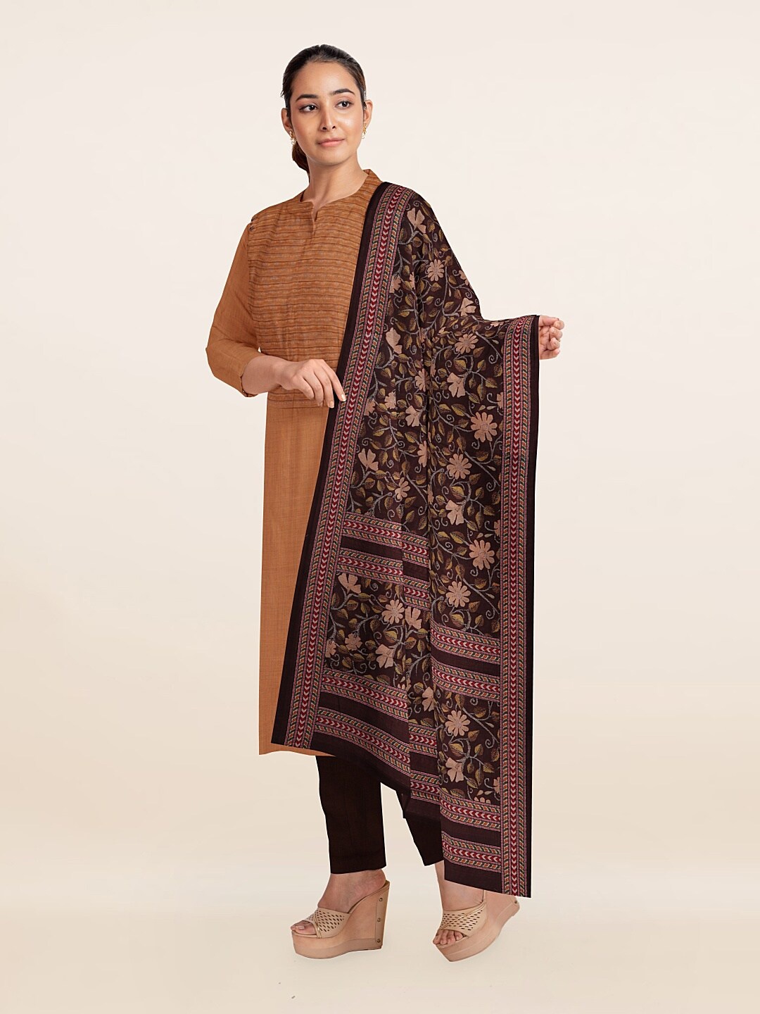 

Pothys Peach-Coloured & Brown Embroidered Unstitched Dress Material