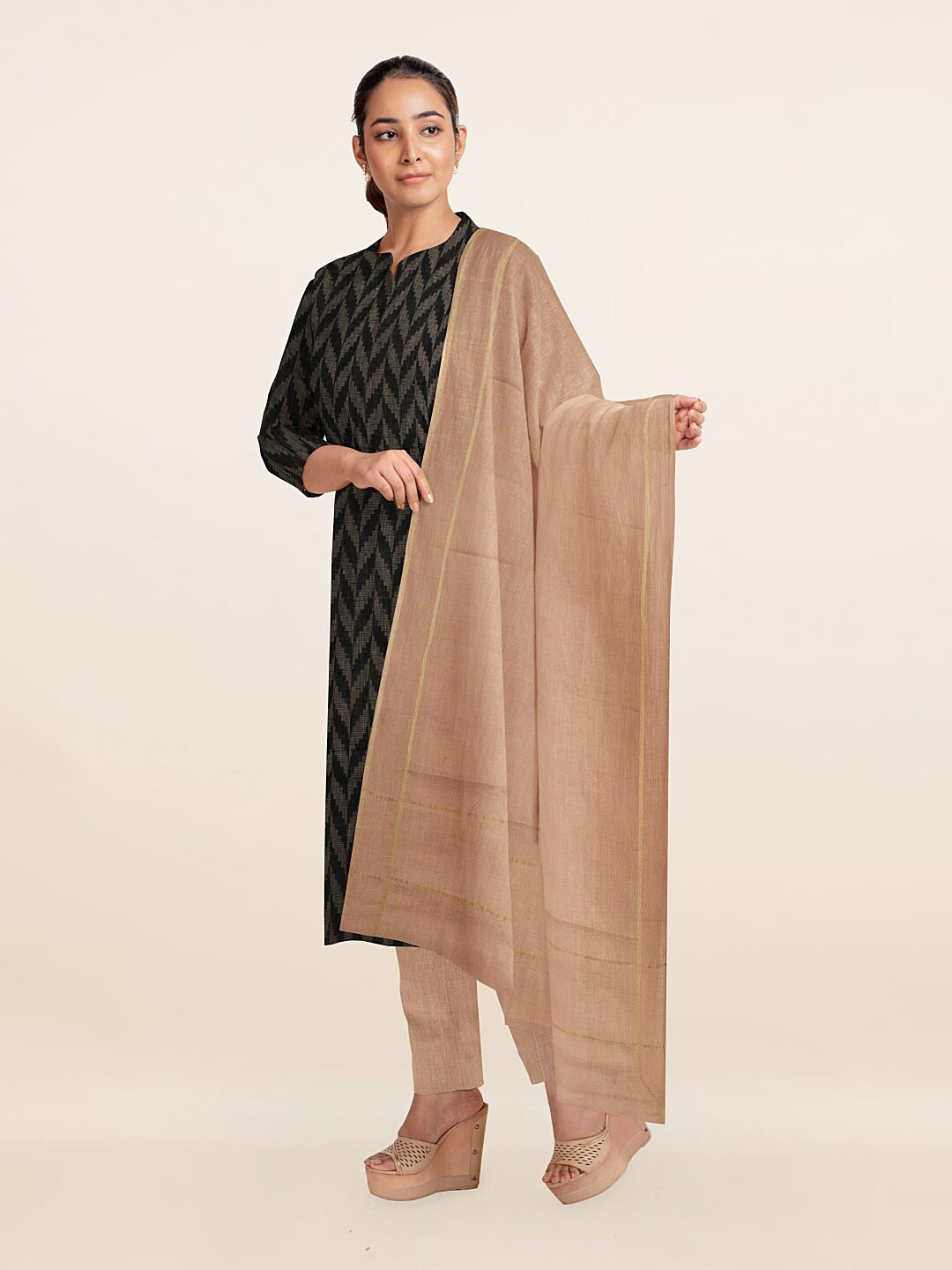 

Pothys Black & Beige Printed Unstitched Dress Material