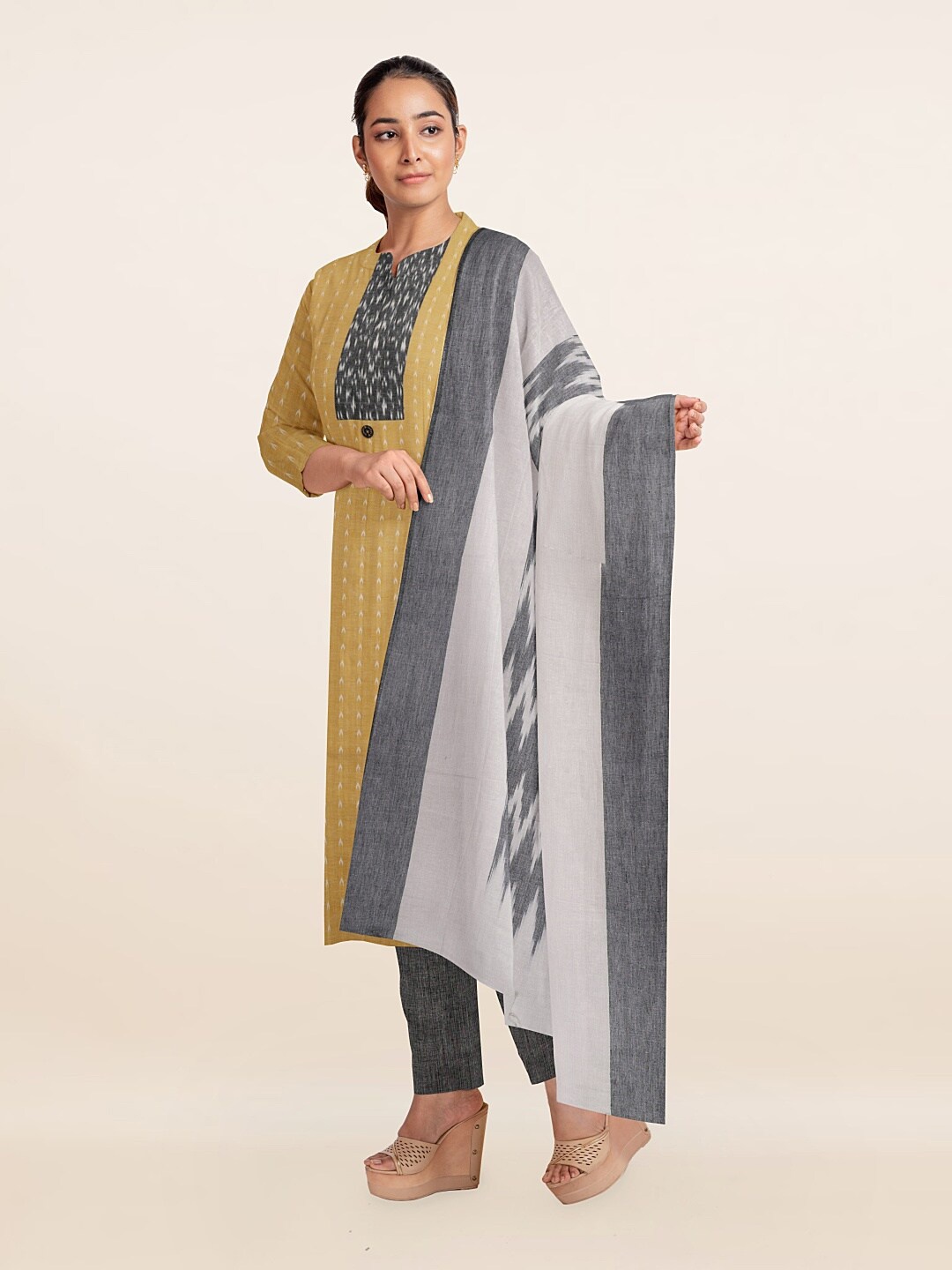 

Pothys Cream-Coloured & Grey Unstitched Dress Material