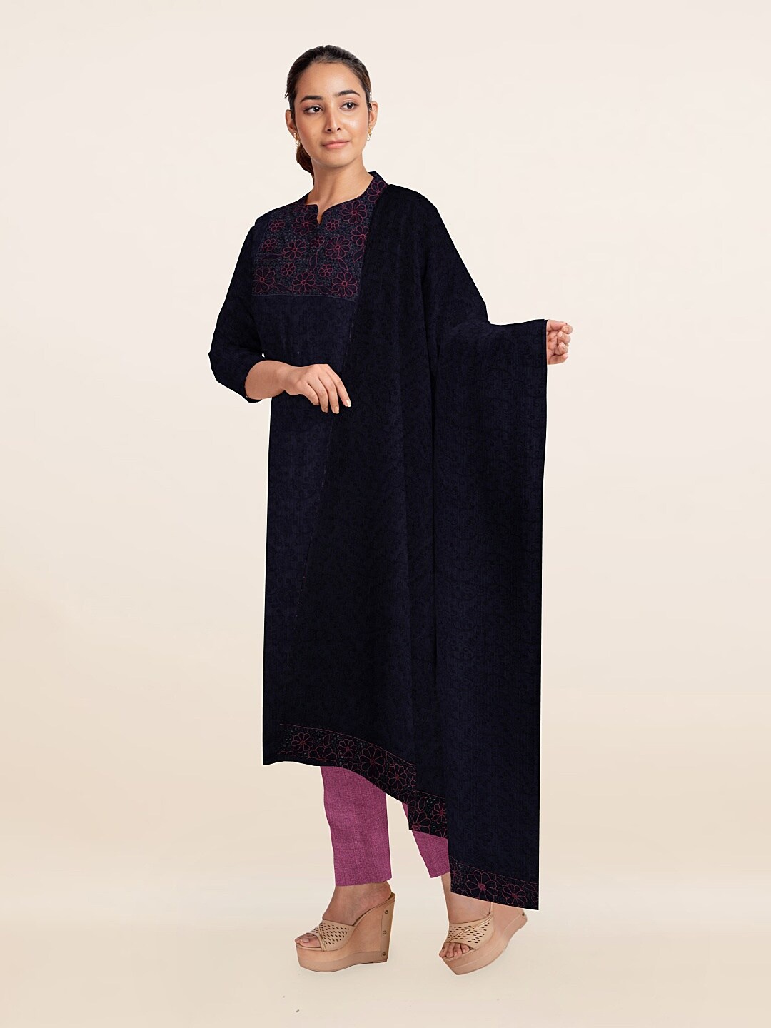 

Pothys Navy Blue & Violet Embroidered Unstitched Dress Material